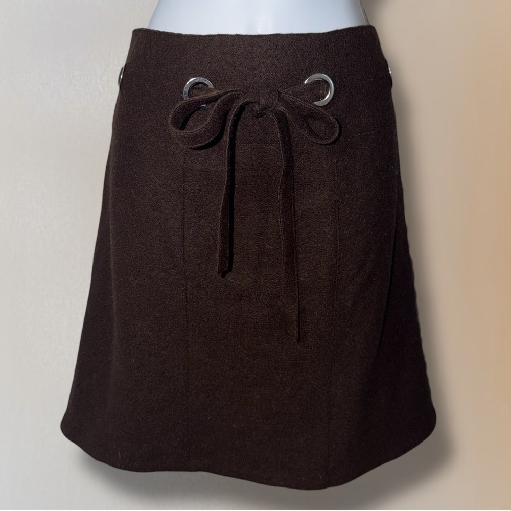 Beyond Threads Chocolate Brown Alpaca & Wool Tie Front Belt Above Knee Skirt